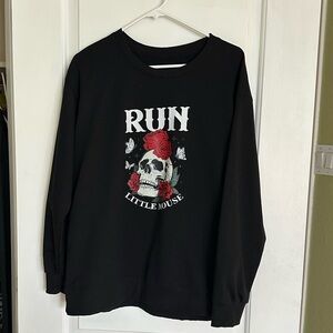 Black Graphic Sweatshirt with Skull and Rose Design